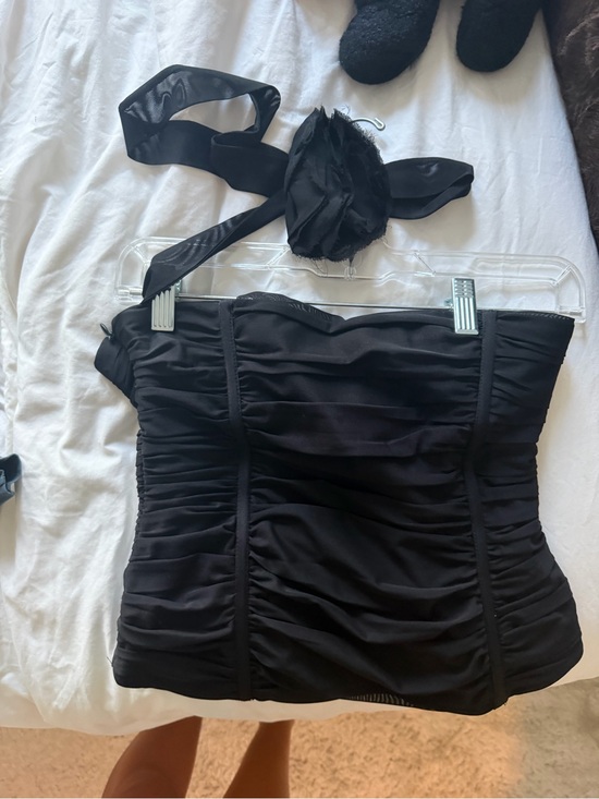 Zara Tops - Zara Black Strapless Ruched Bandeau Corset Top with Scarf and Chiffon Flower
